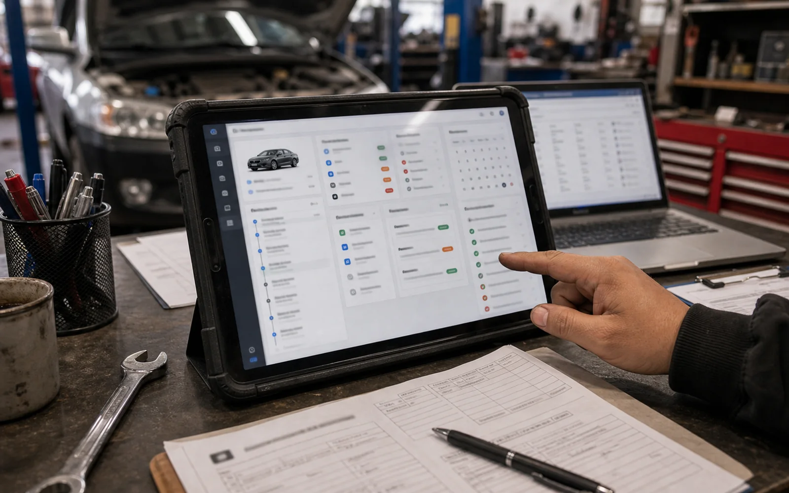 CRM automotriz y plataforma de postventa abiertos en tablet