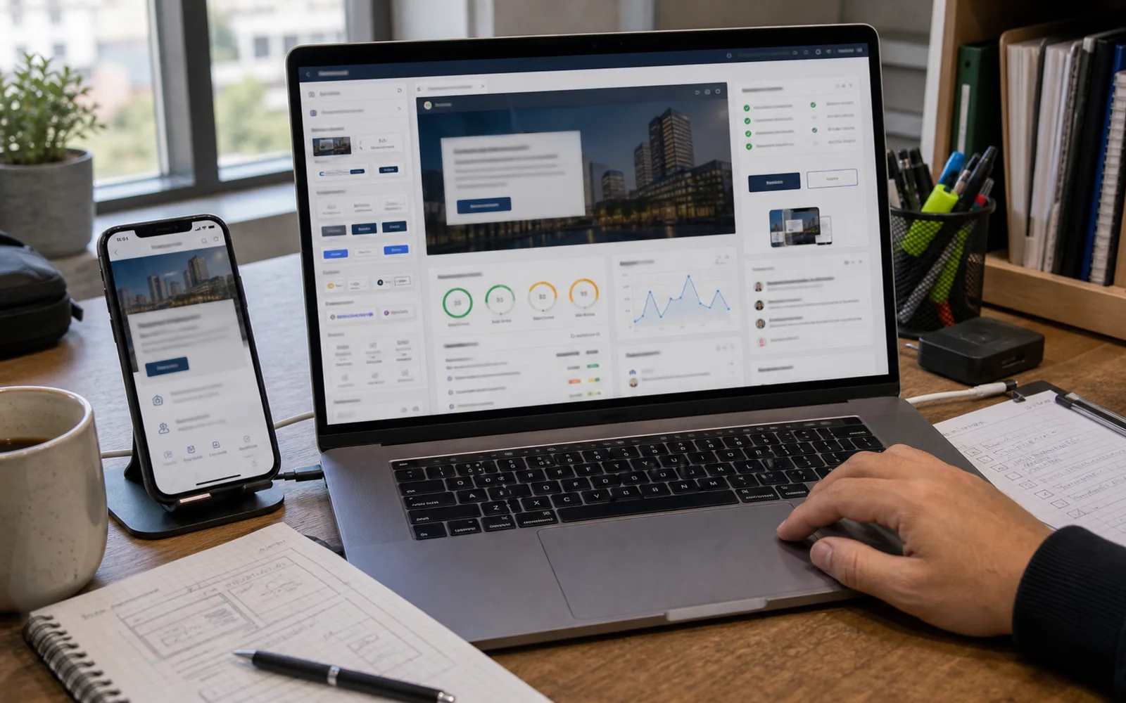 Workspace de desarrollo web con preview responsive y metricas