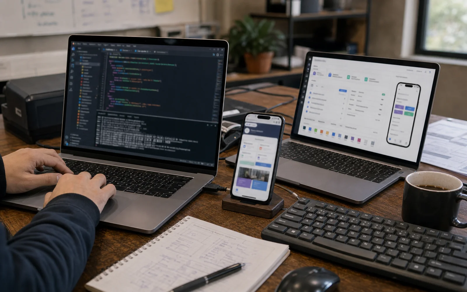 Mesa de desarrollo con codigo, tablero de proyecto y preview movil