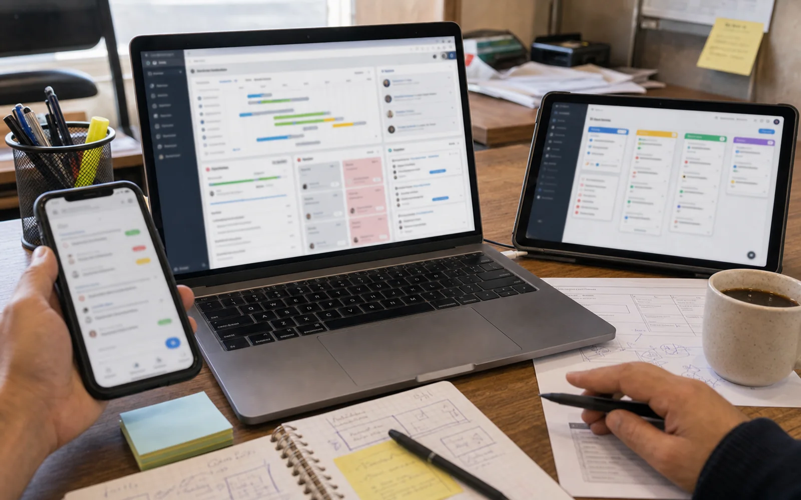 Software de gestion de proyectos abierto en notebook, tablet y celular