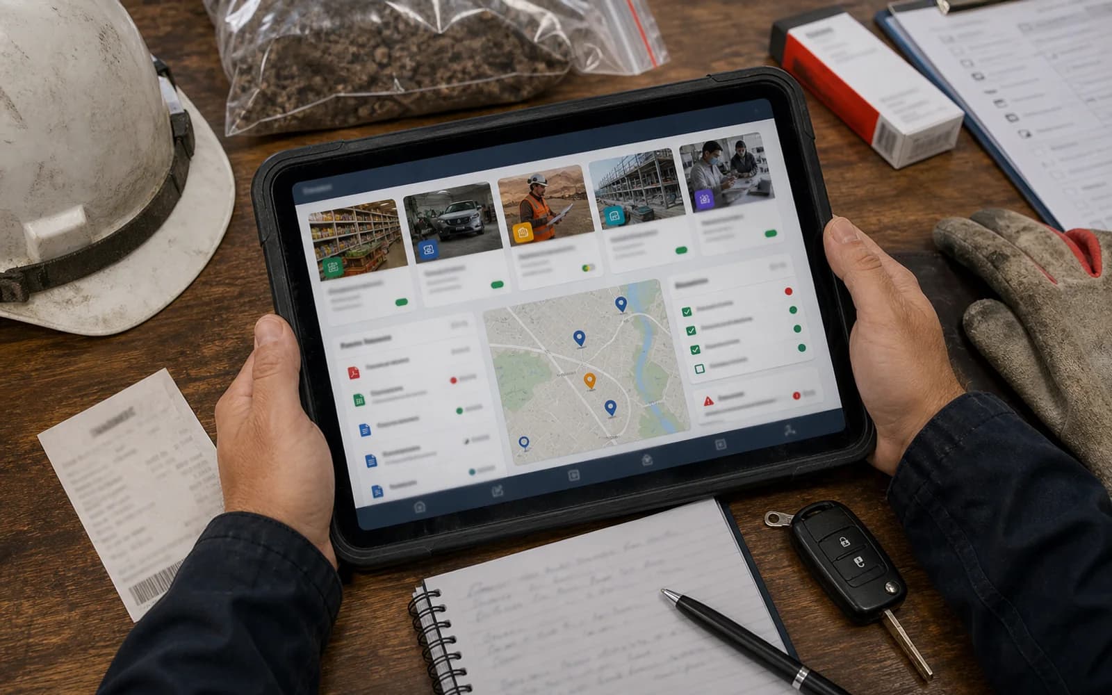 Plataforma multisectorial abierta en tablet sobre materiales de trabajo